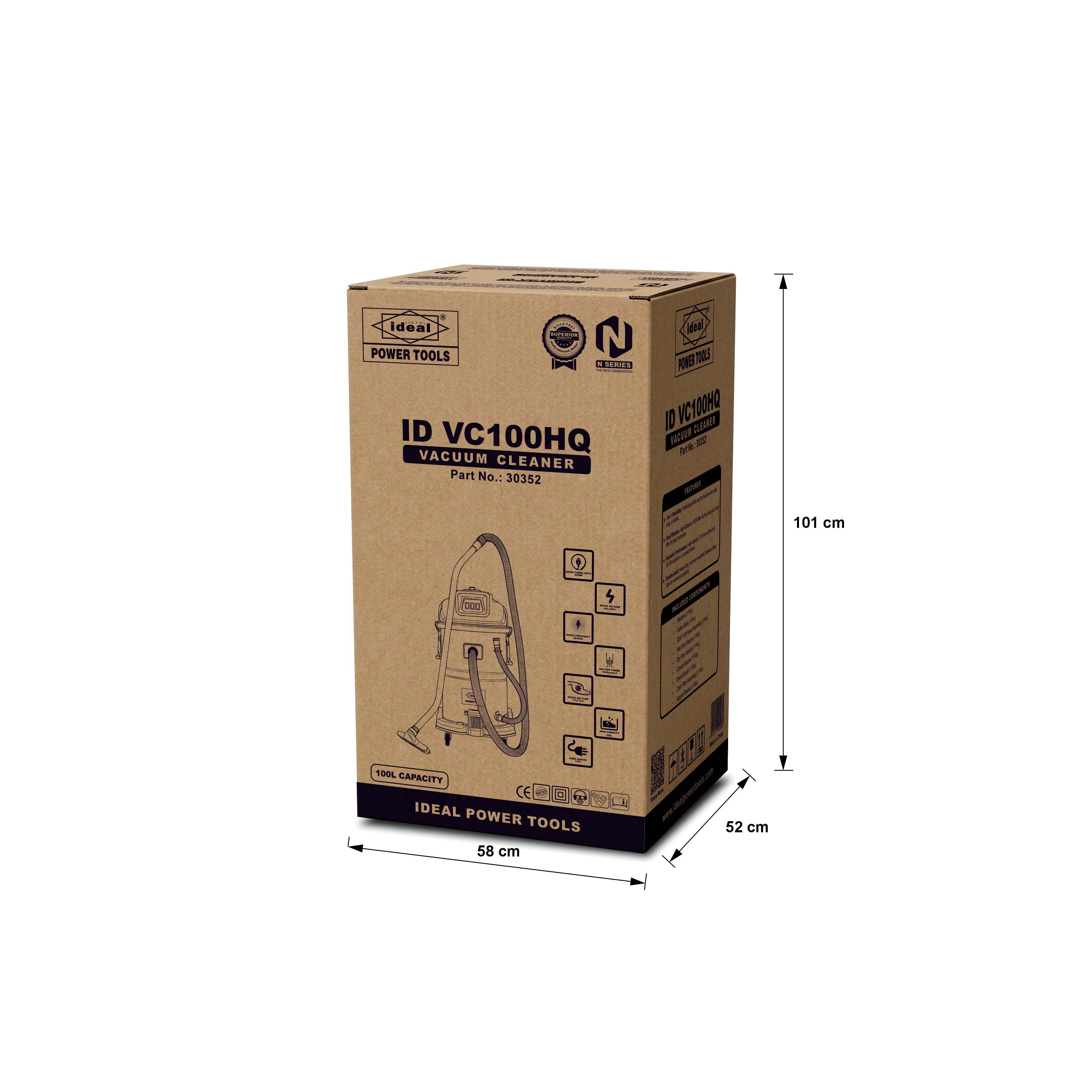 Cardboard box packaging of an IDEAL POWER TOOLS vacuum cleaner with dimensions indicated.