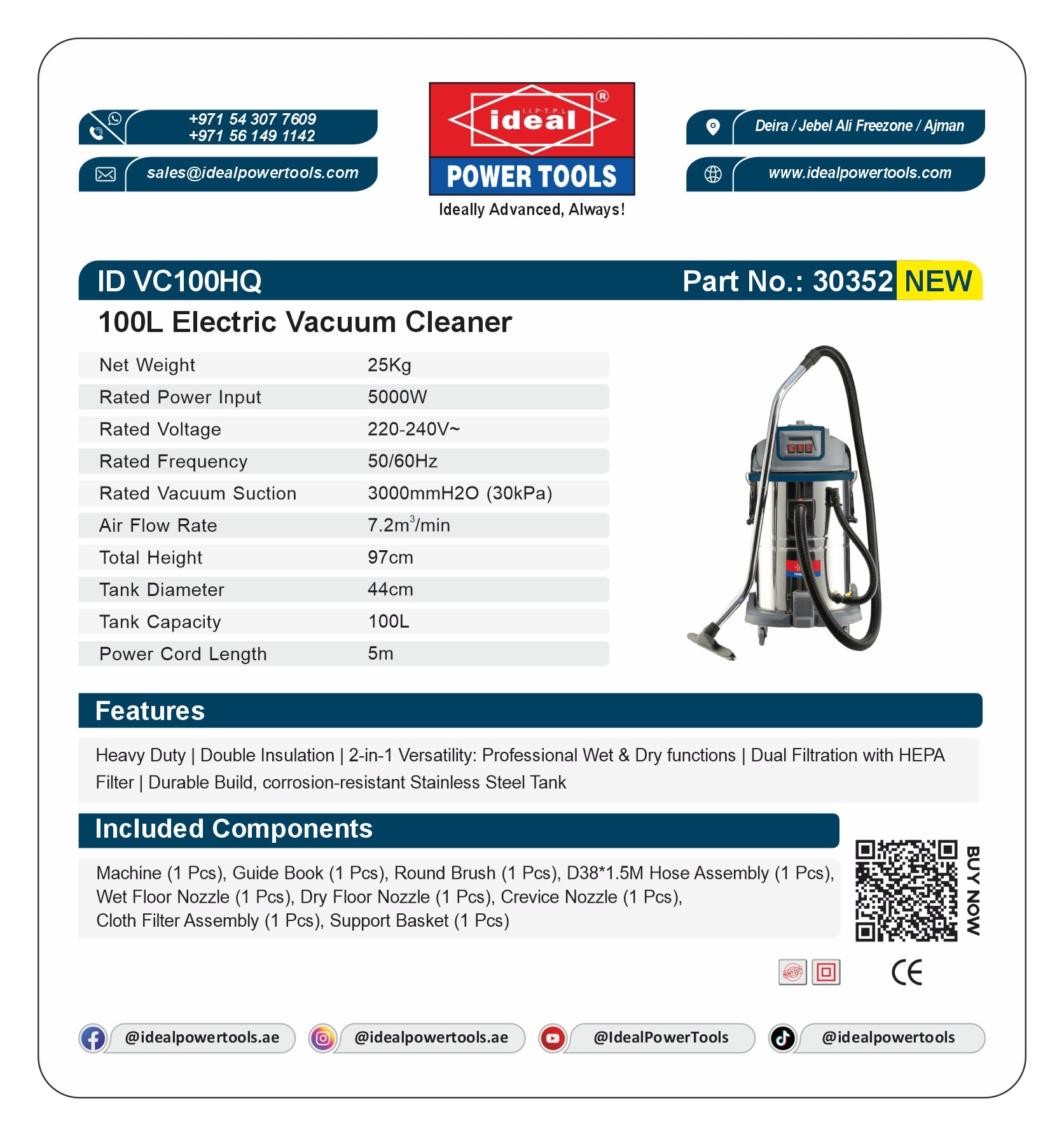 Product card for 100L Electric Vacuum Cleaner with specifications and branding details.