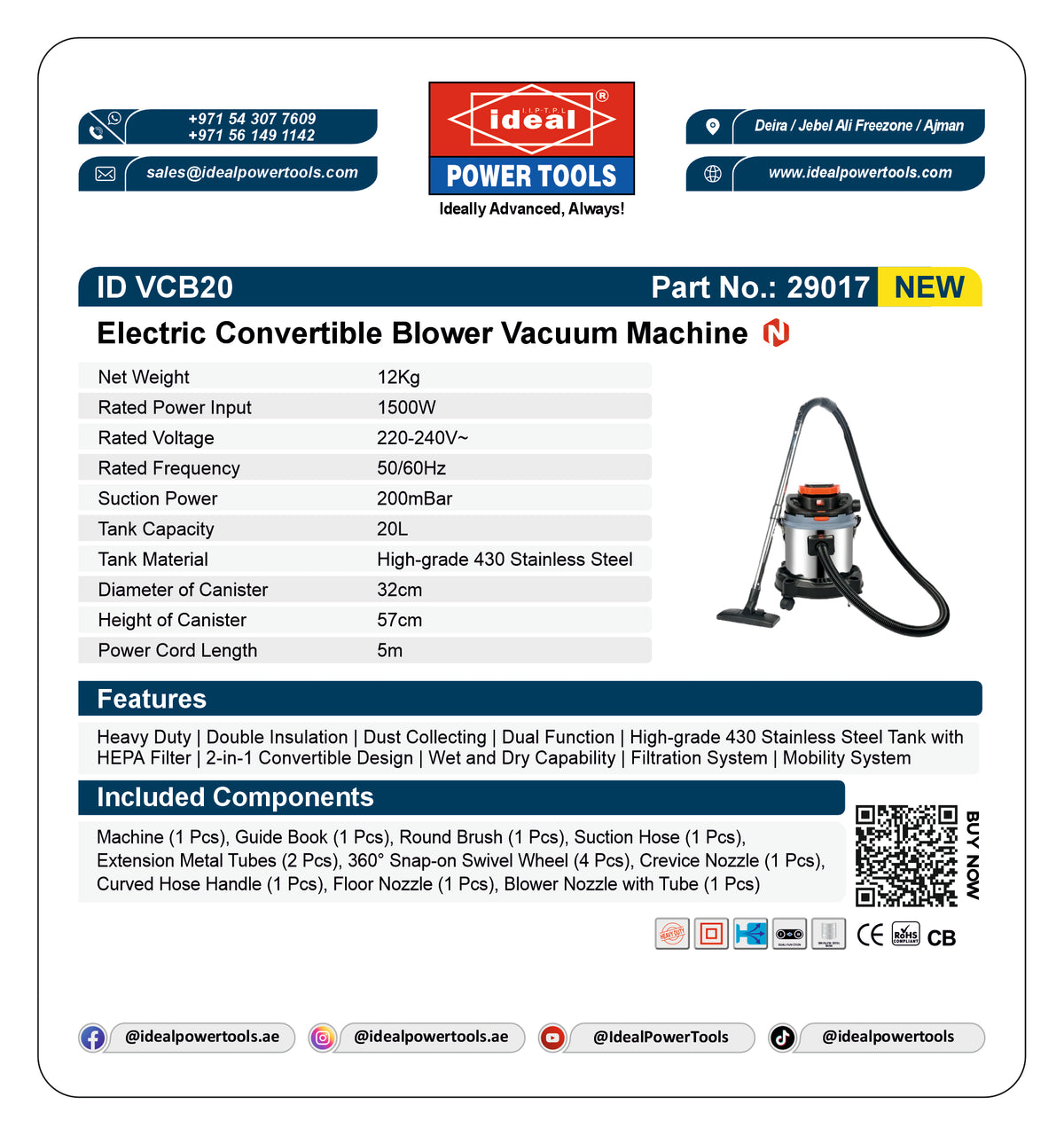 A product information card for the Ideal Power Tools Electric Convertible Blower Vacuum Machine, showing the product photo, technical specifications, features, included components, and contact details on a white background.