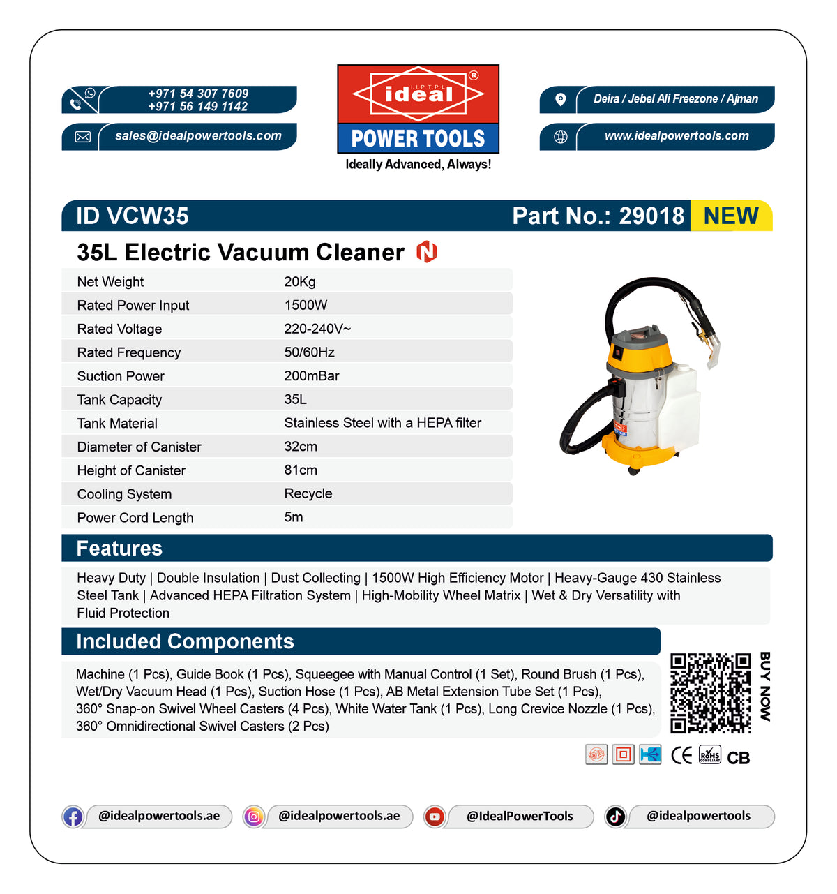 A product information card for the Ideal Power Tools 35L Electric Vacuum Cleaner, showing the product photo, technical specifications, features, included components, and contact details on a white background.