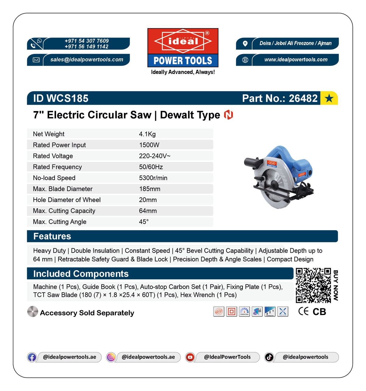 ID WCS185 7" ELECTRIC CIRCULAR SAW MACHINE [G-240V] [DeWalt Type] - 26482