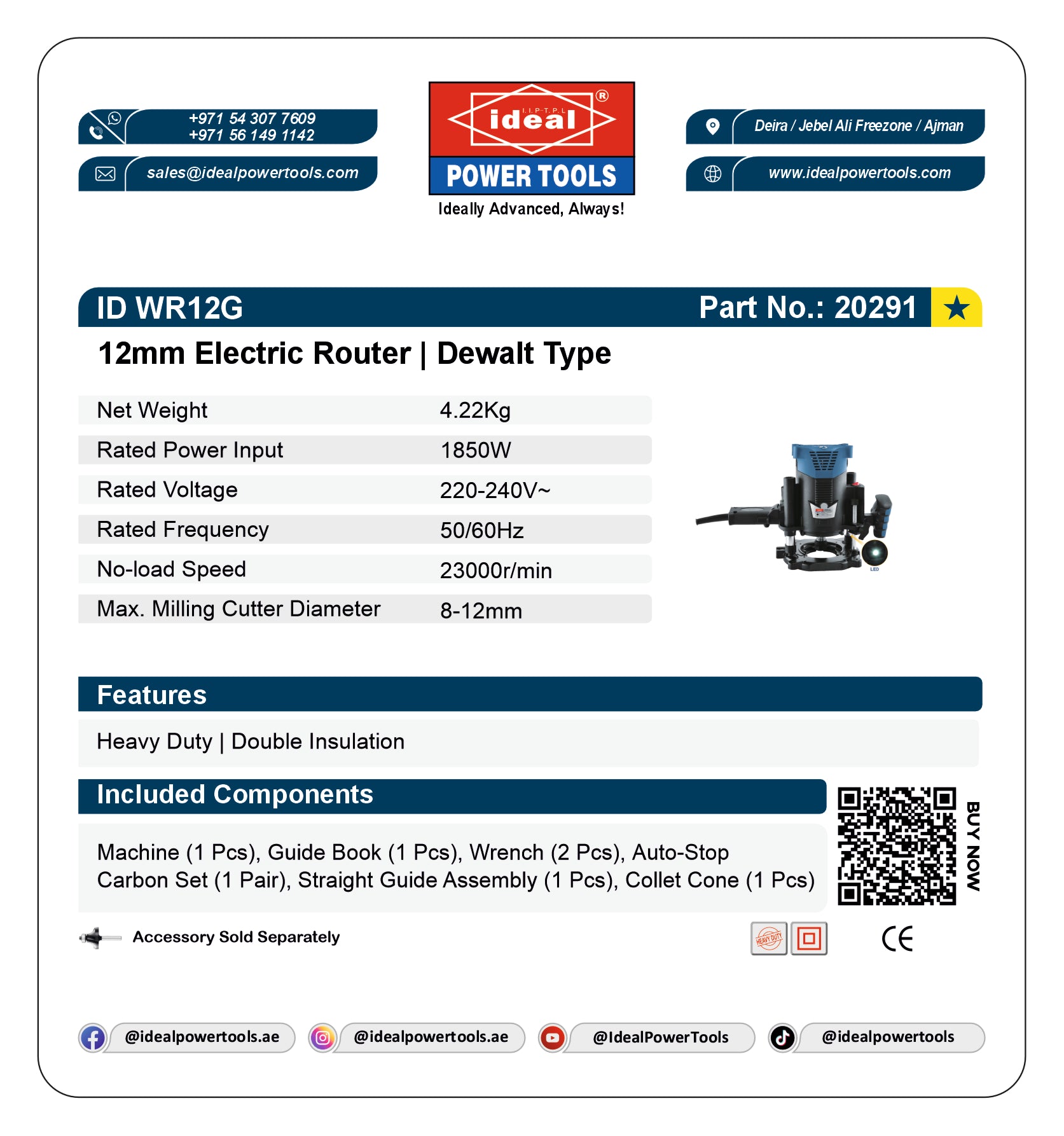 ID WR12G [LED] ELECTRIC ROUTER MACHINE [G-240V] [DeWalt Type] - 20291