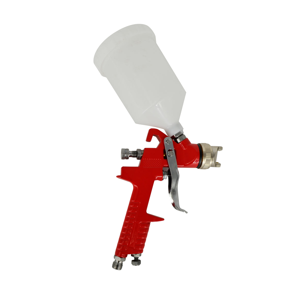 Red spray gun with a white nozzle on a white background