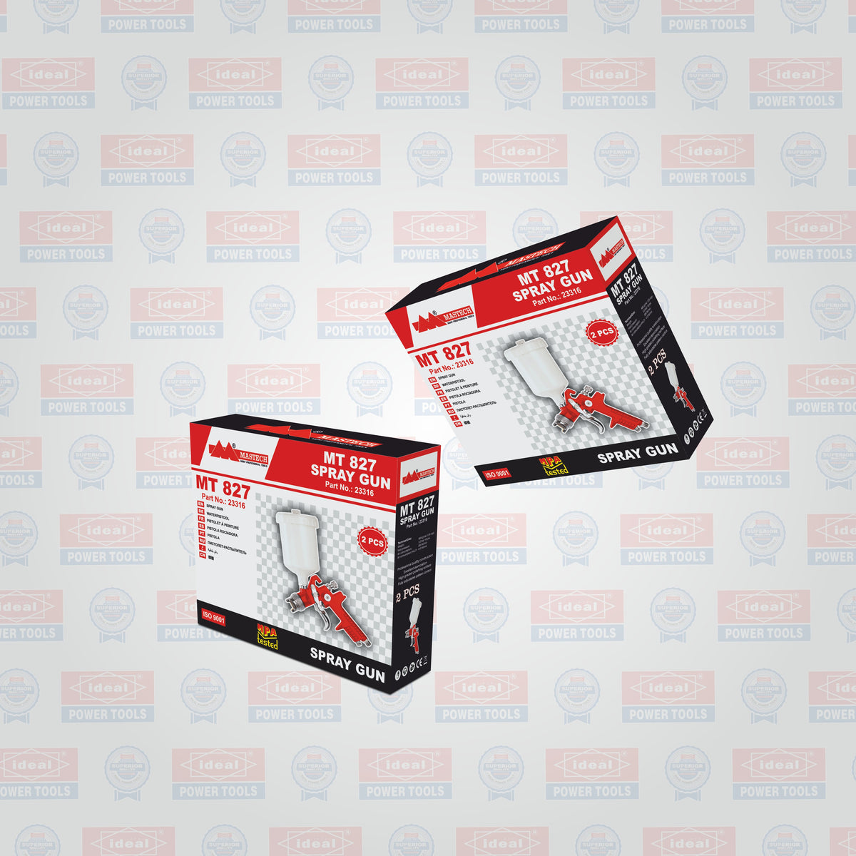 Two retail boxes of a Deeblast MT 827 Spray Gun kit shown at an angle against a light gray background with a repeating faint Deeblast watermark pattern.