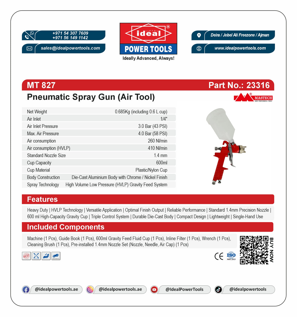 A technical specification and features sheet for the MT 827 Pneumatic Spray Gun (Air Tool) by Ideal Power Tools, showing product details, specifications, features list, included components, and a small product photo on a white background.