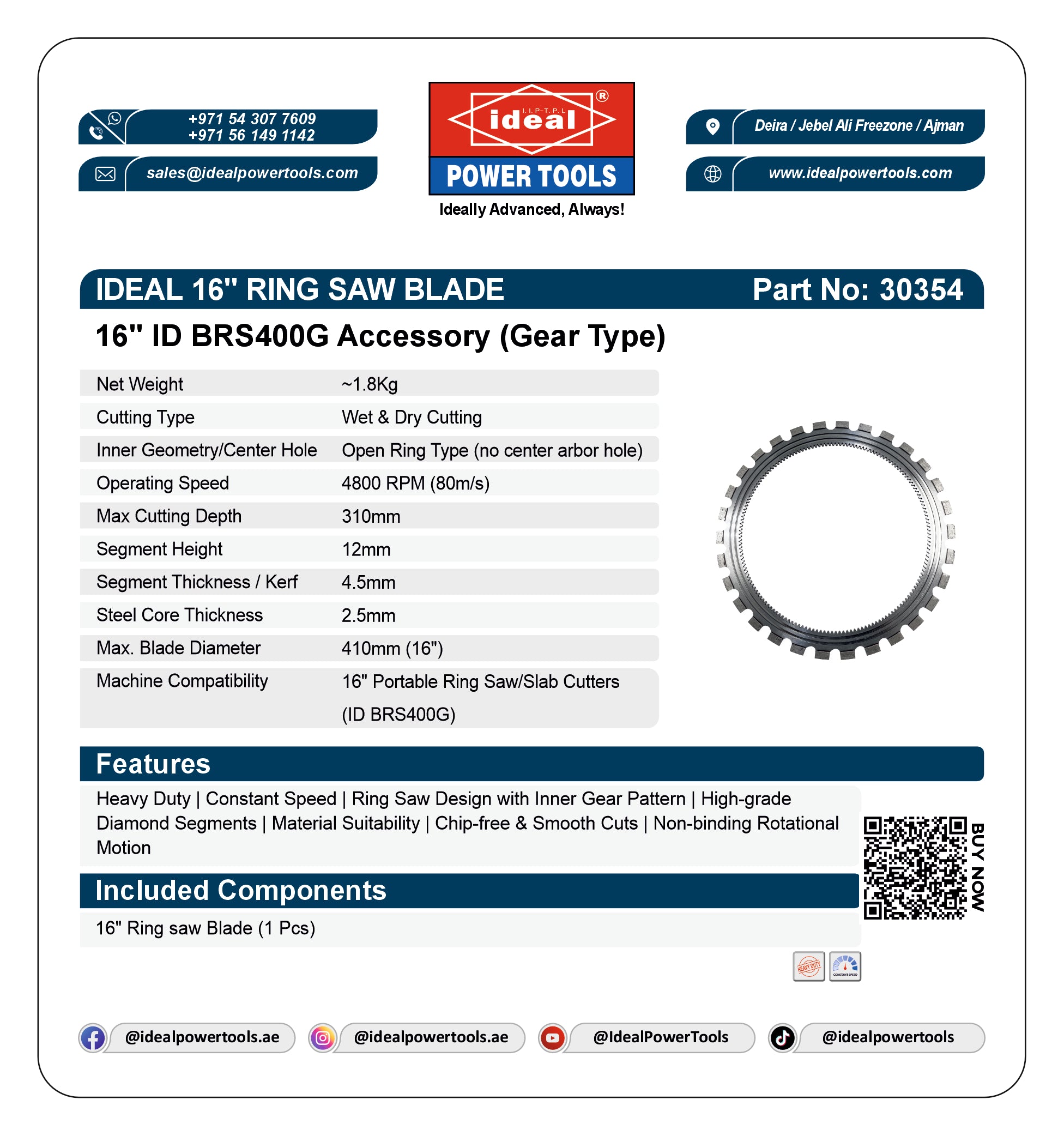 IDEAL RING SAW BLADE [ID BRS400G] [16"] [GEAR TYPE] PORTABLE SLAB CUTTER ACCESSORY - 30354