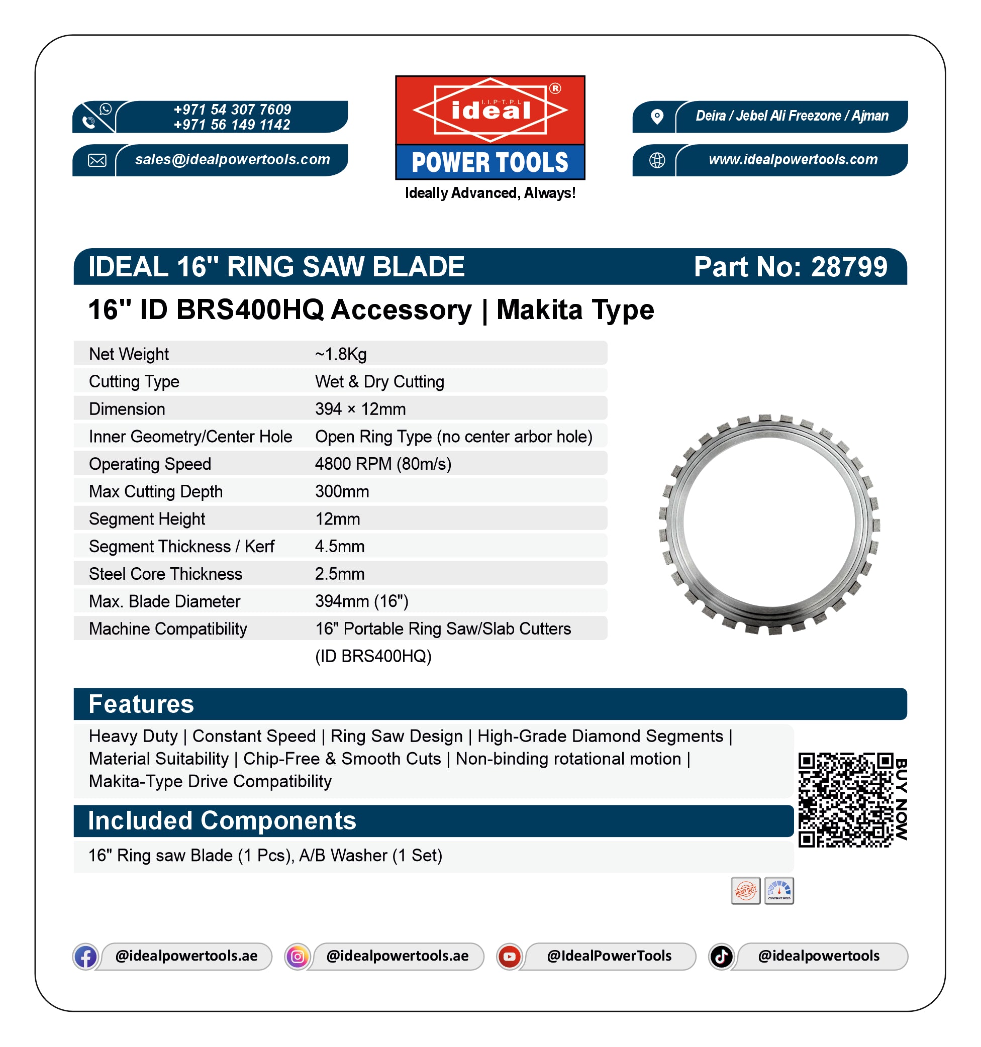 IDEAL RING SAW BLADE [ID BRS400HQ] 16" PORTABLE SLAB CUTTER ACCESSORY [Makita Type] - 28799