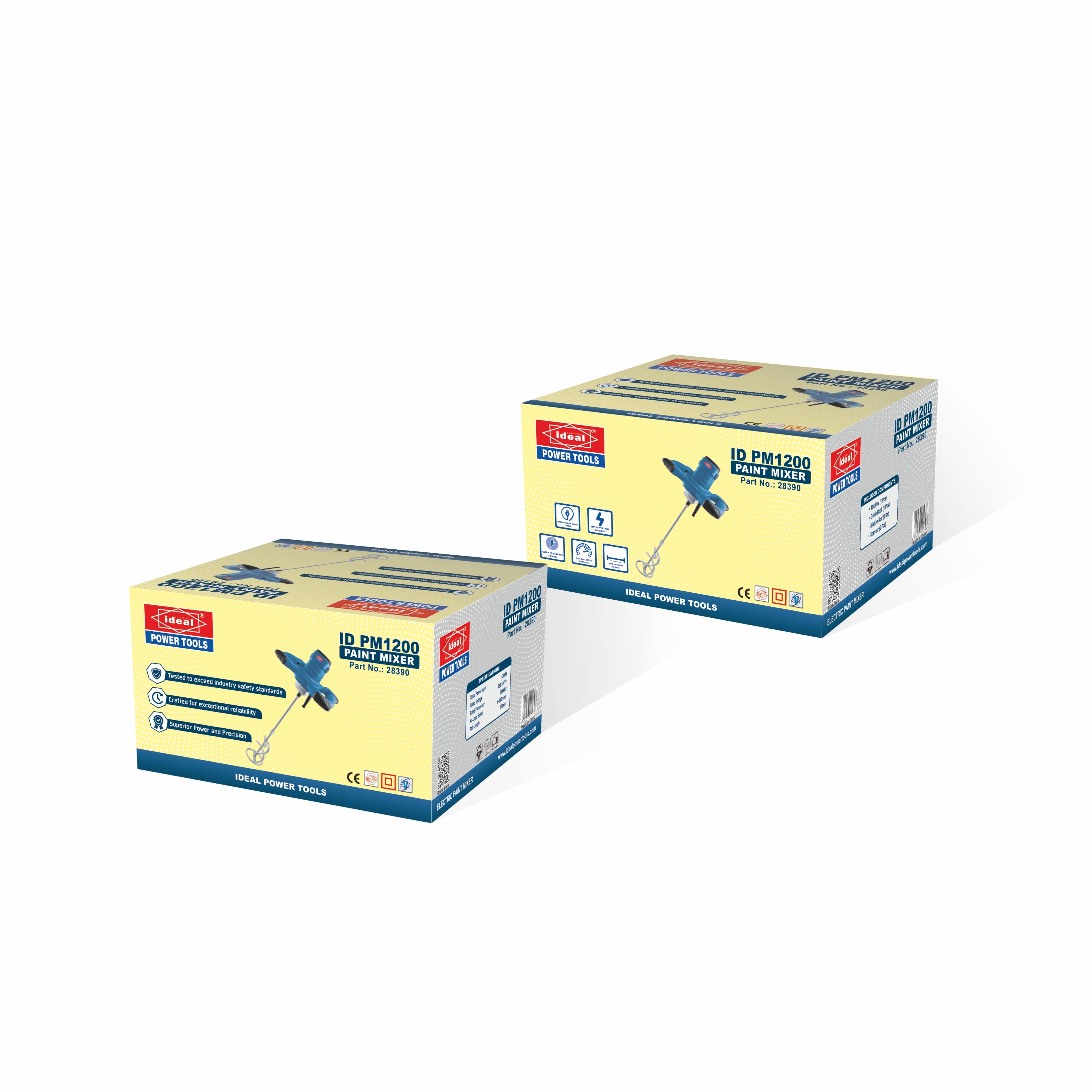 Two boxes of ideal power tools paint mixer ID PM1200 on a white background