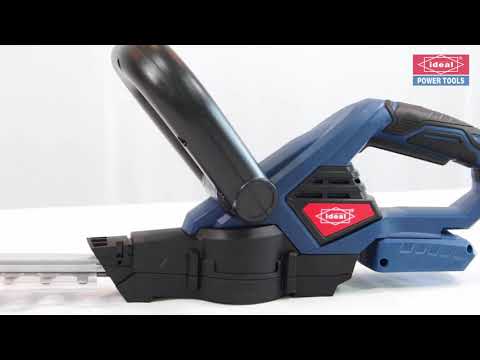 A product page screenshot showing the Ideal Power Tools IDU HT-16 Cordless Hedge Trimmer Machine Kit. The blue and black hedge trimmer is displayed on the left with its battery and charger.